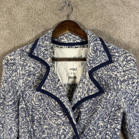 Angel Of The North Jacket Womens XS Blue White Wool Linen Paisley Blazer Knit - Picture 3 of 10